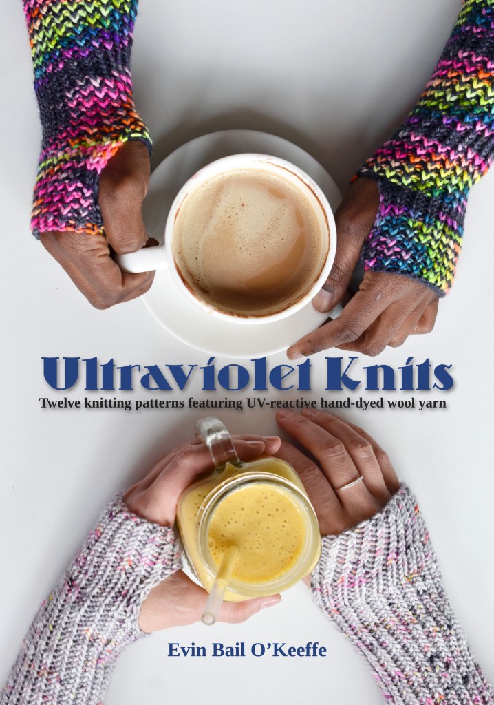 Ultraviolet Knits book cover with two hands wearing fingerless mitts