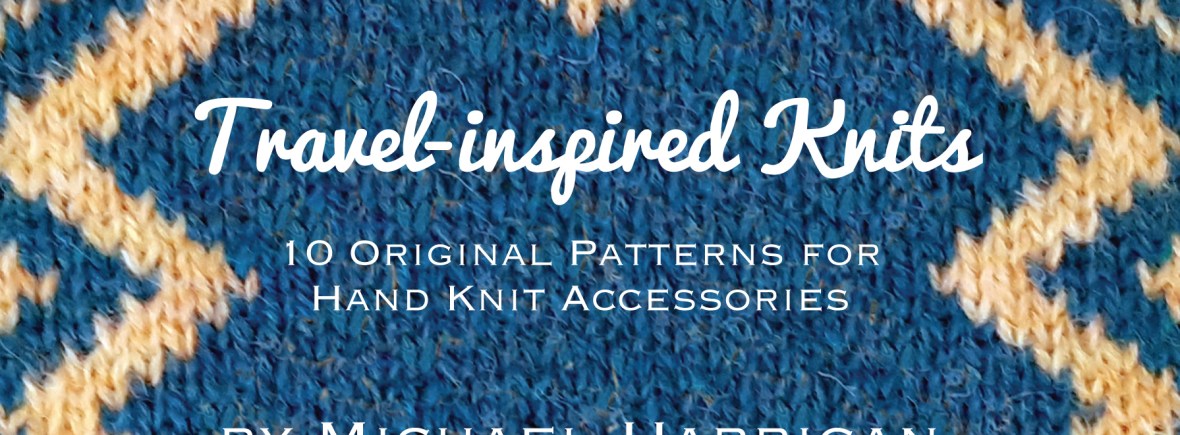 Fair Isle knitting in blue and yellow with book title overlay in computer set font