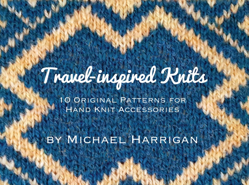 Fair Isle knitting in blue and yellow with book title overlay in computer set font